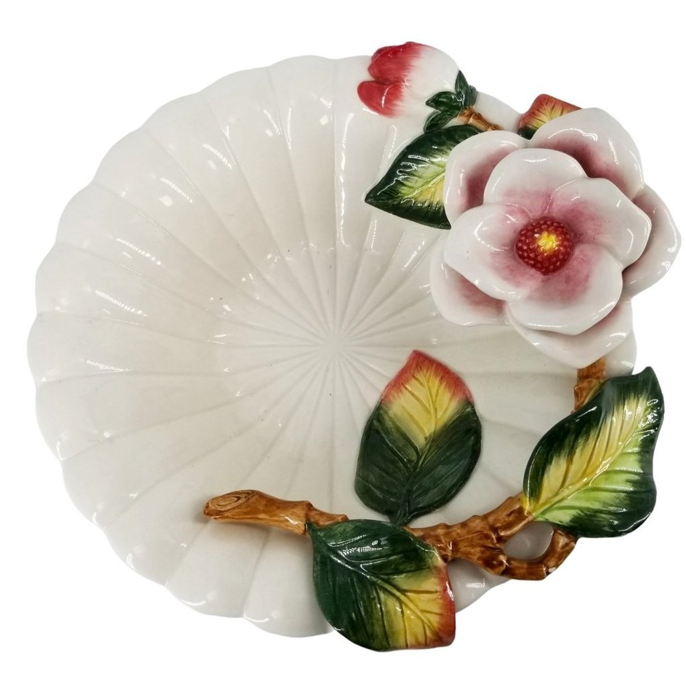 Vintage Fitz and Floyd Classic Dish Bowl Trinket White Flower Rose 8.50" D Decor